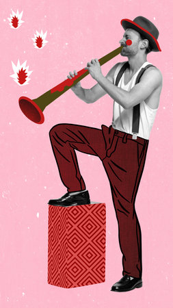 Contemporary art collage of young man in hat playing drawn trumpet over pink background. Concept of music, creativity, inspiration, imagination, ad. Spring, woman day, party conceptの写真素材
