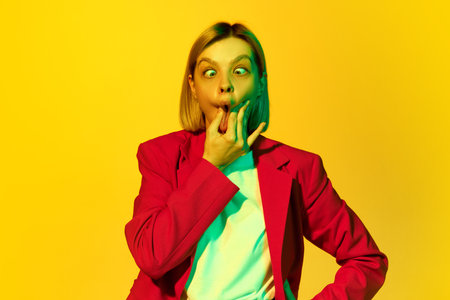 Funny young girl with blonde hair wearing red jacket making fish face, grimacing over yellow background. Concept of human emotions, mood, fashion, ad and mental healthの写真素材