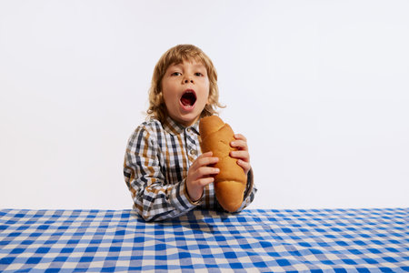 Funny little boy sitting at table covered plaid table cloth and eating bread, bun isolated on white...