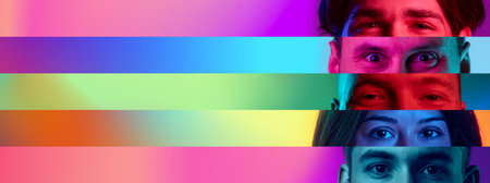 Look, vision. Cropped male and female different eyes placed on colored narrow stripes, lines. Concept of human emotions, facial expressions. Horizontal banner with copy space for adの写真素材