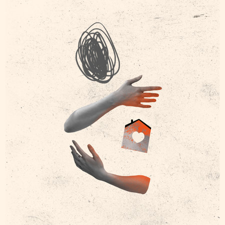 Conceptual art collage in minimalistic style about theme of resettlement, migration, refugees in war time. Concept of world social issues, problems. Pain, sadness, comfort zone and mental healthの写真素材