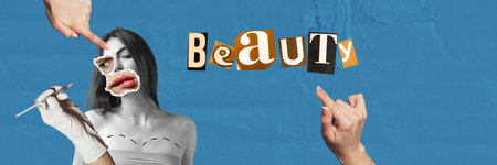 Contemporary art collage. Modern vision of beauty. Young girl doing cosmetological injections and plastic surgery. Face fillers. Concept of beauty, medicine, clinical cosmetology, ad. Bannerの写真素材