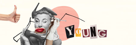 Contemporary art collage. Make younger look. Woman doing hyaluronic injections, face lifting. botox and lip augmentation. Concept of beauty, plastic surgery, medicine, clinical cosmetology, ad. Bannerの写真素材