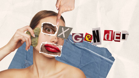 Contemporary art collage. Gender x. Young woman taking care after health with cosmetology and plastic surgery. Concept of beauty, plastic surgery, medicine, clinical cosmetology, adの写真素材