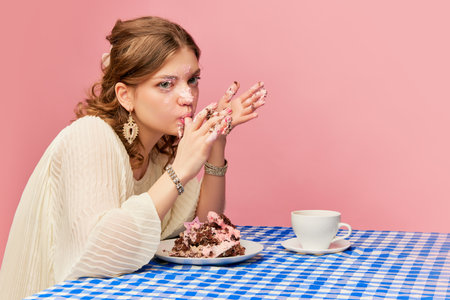 Charming young girl eating cake, pie and drinking tea. Sweet cream mask. Concept of emotions, weird people, retro fashion and humor. Food pop art photographyの写真素材