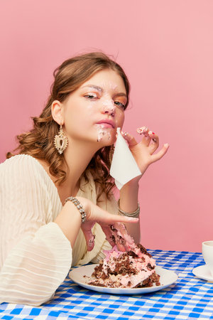 Out of etiquette. Charming young girl eating cake, pie and drinking tea. Sweet cream mask. Concept of emotions, weird people, retro fashion and humor. Food pop art photographyの写真素材