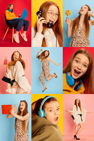 Collage made of portraits of happy young girl in different fashion style clothes over multicolored...