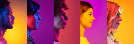 Youth. Collage of profile view faces of young men and women looking ahead over multicolored background in neon light. Concept of emotions, facial expression, fashion, beauty. Horizontal banner, flyerの写真素材