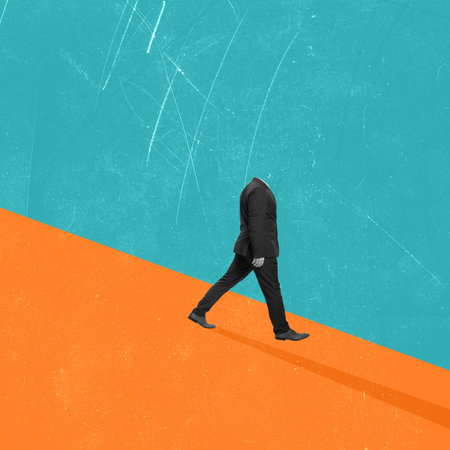 Embrace uncertainty. Contemporary artwork. Business man without head going over green orange color background. Concept of business, psychology, doubts, inspiration, creativity, mental healthの写真素材