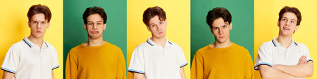 Collage made of closeup portraits of young man expressing different emotions over green and yellow...