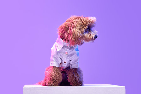 Portrait of charming brown Poodle dog wearing animal clothes sitting on box over purple background in neon light filter. Fashion, beauty, health and vet conceptの写真素材