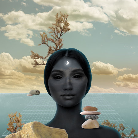 Surreal contemporary artwork of young woman. Concept of mysticism, mystery, underworld, dreams or imagination. Surrealism, Halloween holiday. Design for wallpaper, storiesの写真素材