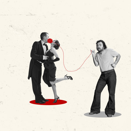 Dancing retro couple and man. Manipulation of people. Concept of human emotions, psychology, mental health. Contemporary art collage. Inspiration, ideas and creativity. Minimalistic design styleの写真素材