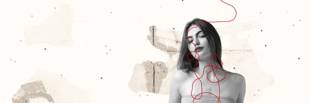 Black and white portrait beautiful girl. Concept of human emotions, psychology, beauty. Contemporary art collage. Inspiration, ideas and creativity. Minimalistic design styleの写真素材