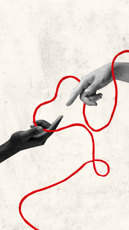 Black and white hands touching by fingers. Contemporary art collage. Concept of love, care, support, diversity and human relationship. Vertical layout posterの写真素材