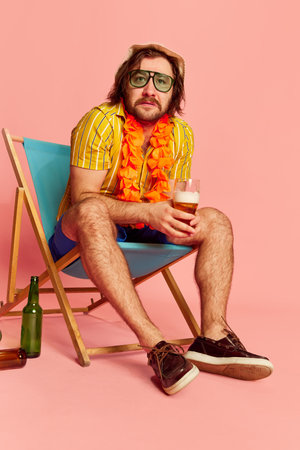 Shocked beachgoer. Man in summer shirt and short with Hawaiian flower garland on chest sleeping on sun lounger over pink background. Leisure activity, vacation, summer, rest and male hobbies conceptの写真素材