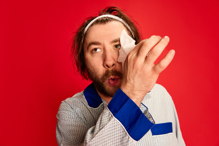 Surprised mature man wearing homewear, pijamas taking off face mask over bright red background. Beauty, positive emotions, home cozy atmosphere, funny meme emotions, adの写真素材