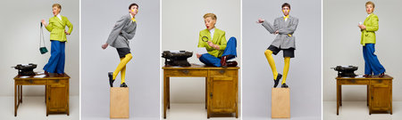 Collage. Mature woman and young man in bright stylish clothes isolated over grey background. Beauty, fashion, creativity. Concept of modern fashion, art photography, style, uniqueness, adの写真素材