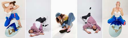 Collage. Young man and woman in bright stylish clothes posing isolated over grey background. Inner...