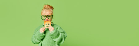 Happy smiling cute kid, little girl in fashionable look clothes and sunglasses posing over light green background. Spring fashion collection, happiness, ad concept. Banner with copyspaceの写真素材