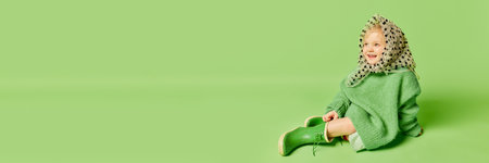 Walking in rainy weather. Happy smiling cute kid, little girl in fashionable look clothes and gumboots over light green background. Spring fashion collection, happiness, ad concept. Bannerの写真素材