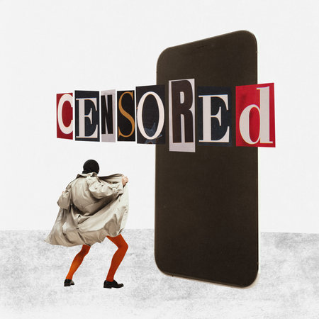 Creative collage, contemporary modern design about strange man and big phone. Male standing in front of gadget with censored text. Concept of smartphone, communication, internet, blogger, influencerの写真素材