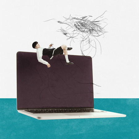 Young teen boy on open laptop. Creative collage, contemporary modern design about teenager and pc....
