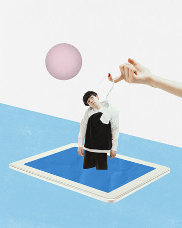 Creative collage, modern design about little boy and tablet. Abstract female hand extracting boy...