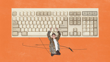 Young teen boy holding computer keyboard. Creative collage, contemporary modern design about teenager. Schoolboy near gadget. Concept of notebook, retro computer, education, communication gadgetsの写真素材