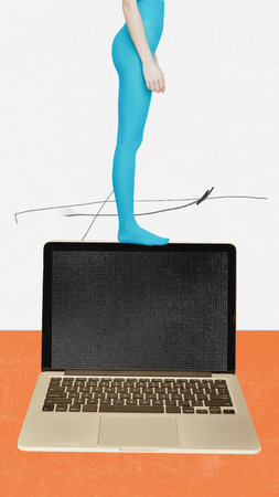 Creative collage, contemporary modern design about strange woman standing on notebook or laptop. Female on gadget. Concept of communication, gadgets, blogger, influencer. Social networks and mediaの写真素材