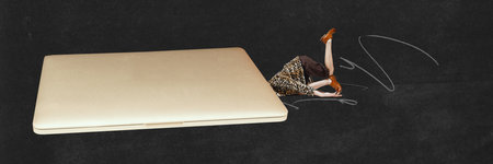 Creative minimalist collage, contemporary modern design about strange woman in abstract laptop. Female in gadget. Concept of communication, gadgets, blogger, influencer. Social networks and mediaの写真素材