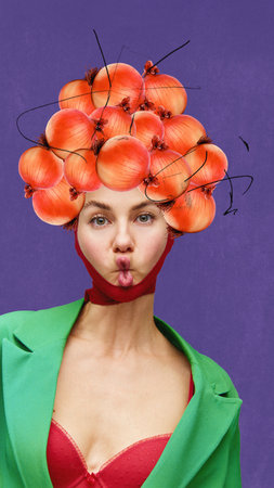 Fortune teller woman concept. Contemporary surreal art collage, design. Young women with red bulb onions as symbol on lilac background. Concepts of creativity, magic, weird peopleの写真素材