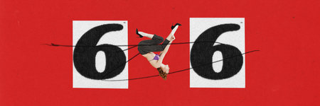 Fortune teller woman concept. Gypsy oracle. Divination. Contemporary surreal art collage, design. Young woman with number 6 as symbol isolated over red. Concepts of witch, diabolism, astrology, magic.の写真素材