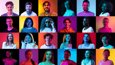 Emotions and facial expressions. Collage of ethnically diverse young people expressing different...