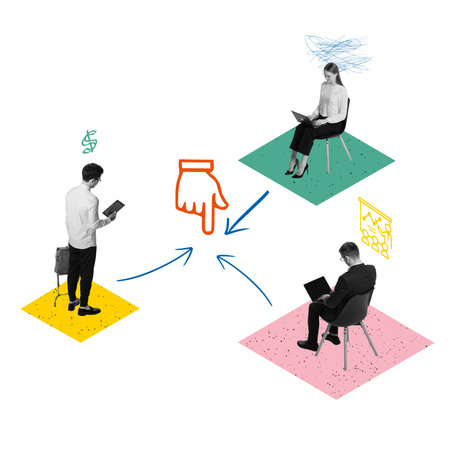 Young people in coworking space studying, working with gadgets. Contemporary art collage. Concept of partnership, office, business, career, motivation, achievement, professional growth.の写真素材