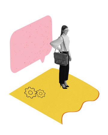 Studying. Young girl, student in business style clothes standing and looking ahead isolated on light background with drawings. Concept of job fair, HR, professional occupation, career, ad.の写真素材