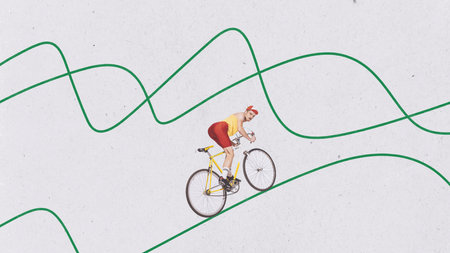 Contemporary art collage. Creative design. Young man, cyclist in uniform riding on abstract lines over grey background. Concept of summer, retro style, creativity, imagiation, fun. Copy space for adの写真素材