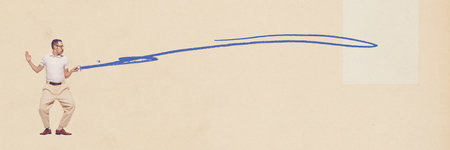 Contemporary art collage. Man in retro clothes playing with illusion sword against beige background. Banner. Fantasy. Concept of retro style, fun, imagination, creativity. Copy space for ad, posterの写真素材