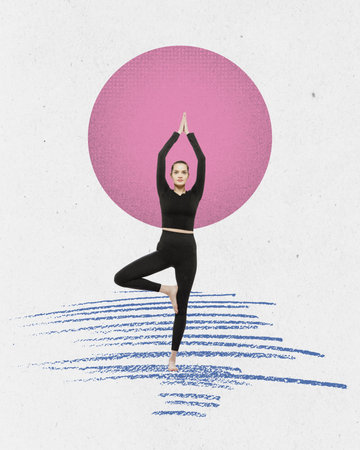 Contemporary art collage. Young girl in sportswear standing in yoga pose, practising, relaxing. Calm mind and strong body. Abstract design elements. Concept of sport, health, hobby, youth, lifestyleの写真素材