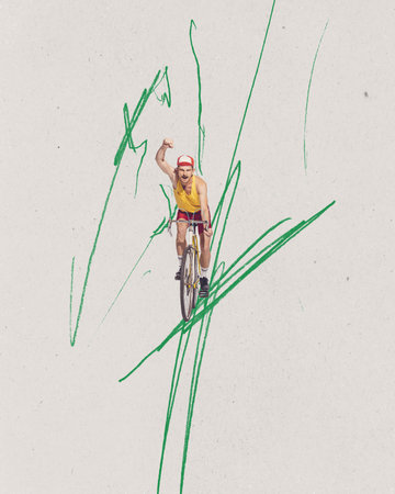 Contemporary art collage. Winner. Marathon. Young man, cyclist in uniform riding on abstract lines over grey background. Concept of summer, retro style, creativity, imagiation, fun. Copy space for adの写真素材