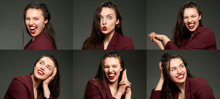 Photo set of images of fashionable stylish emotional woman wearing business style jacket posing over gray background. Concept of fashion, style, youth, beautyの写真素材