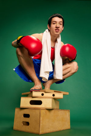 Self Confidence. Portrait of young boxer in boxing gloves sitting on wooden boxes isolated over green background. Concept of victory, sport, competition, training, energyの写真素材