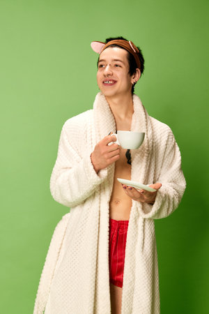 Vocation, weekend. Funny guy wearing female bathrobe and slippers standing with cup of drink over green background. Concept self love and self care, rest, relaxの写真素材
