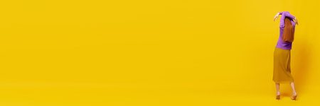 Weird people concept. Faceless portrait of slim woman with long straight red hair wearing retro fashion outfit in action over yellow studio background. Impersonal emotions, body language. Bannerの写真素材