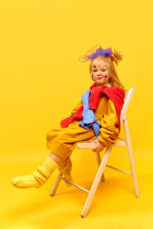 Surprised, happy emotions, happiness, fun. Photo of sweet little girl wearing bow, sitting on chair and laughing over yellow background. Concept of emotions, childhood, child model, adの写真素材