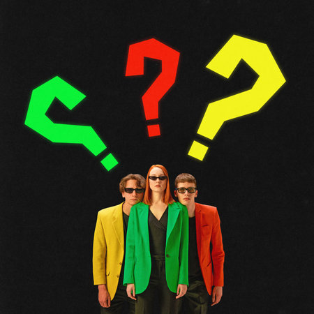 Contemporary art collage of team seeking for solution together symbolizing cooperation and teamwork over dark mode background. Modern design. Concept of teamwork, motivation, officeの写真素材