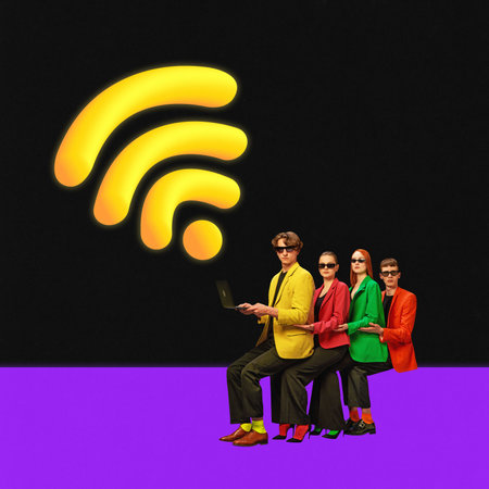 Contemporary art collage of co-workers team which connected to wi-fi, internet symbolizing social networks, promotion, online, business. Concept of marketing, work, teleworking, promotion, freelance.の写真素材