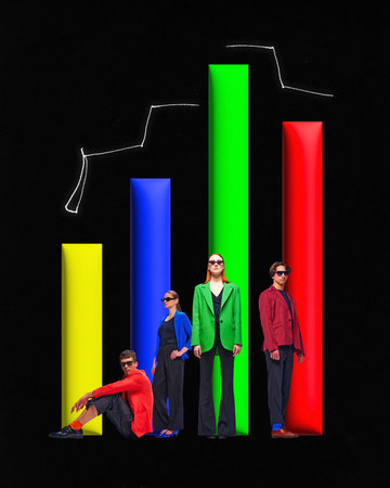 Contemporary collage of employees, productivity analytics standing together like stratup team over dark background with 3D chart. Analytics, motivation, career growth concept. Bright colorsの写真素材