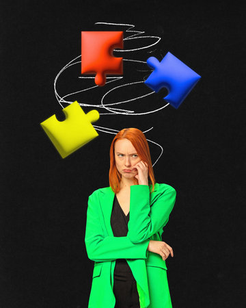 Contemporary art collage of pensive woman in bright green jacket with flying different puzzles over...