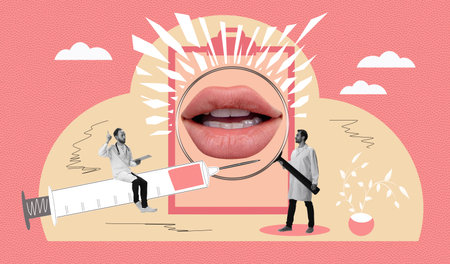 Hyaluronic acid filler injection, mesotherapy procedures. Beautiful red female lips. Cosmetology moisturizing procedures and beauty concept banner. Contemporary art collage, design for advertisement.の写真素材